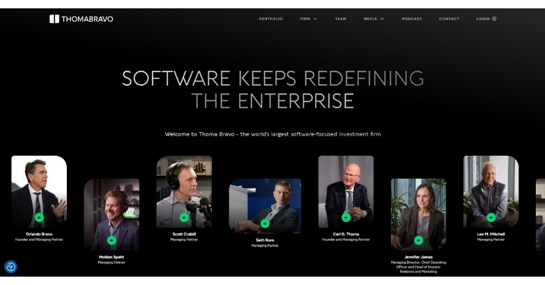 Private equity website design for Thoma Bravo featuring a dark layout and executive profiles.