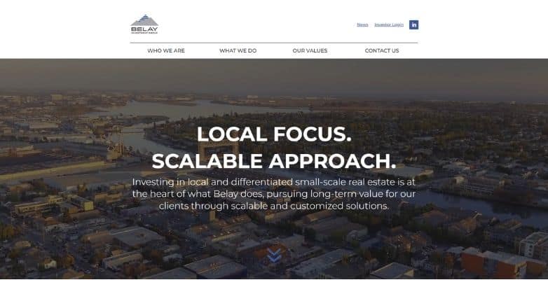 Belay Investment Group real estate investor website with aerial city hero image