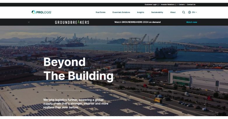 The Prologis modern website design for real estate investors, highlighting sustainability and innovation in the construction industry.