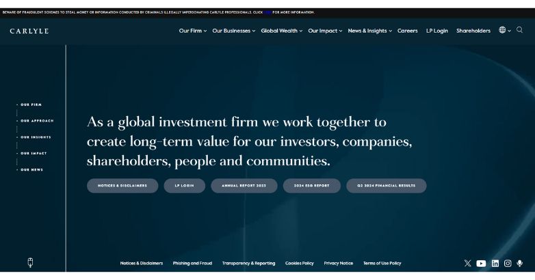 The Carlyle Group's website features a dark blue theme, highlighting stability and trust in real estate investment and usability.