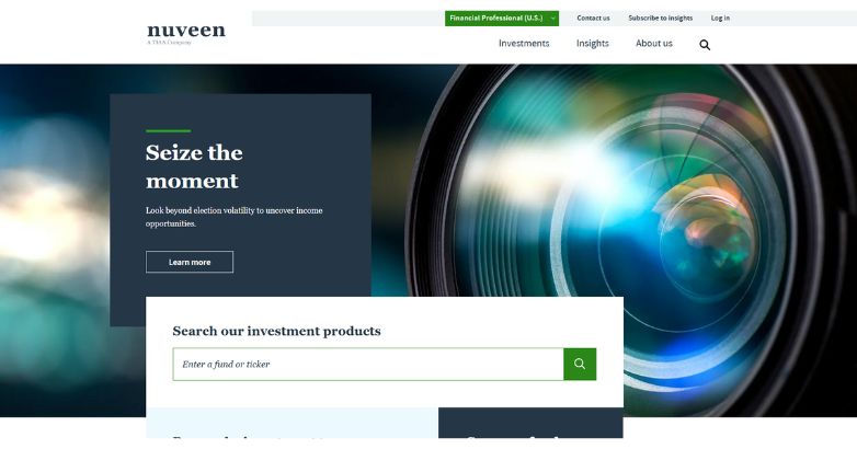 Nuveen Real Estate's responsive website showcases a camera lens, encouraging user engagement with organized investment resources.
