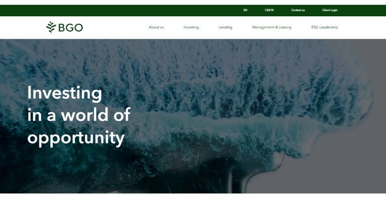 BentallGreenOak's website features a wave background and highlights sustainable investment opportunities and eco-conscious values.