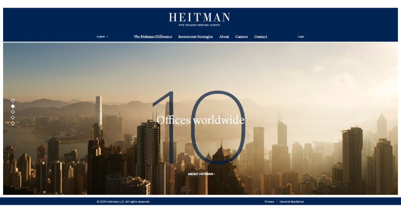 Heitman website design features a city skyline, navy-blue theme, and "10 Offices Worldwide" to emphasize global real estate expertise.