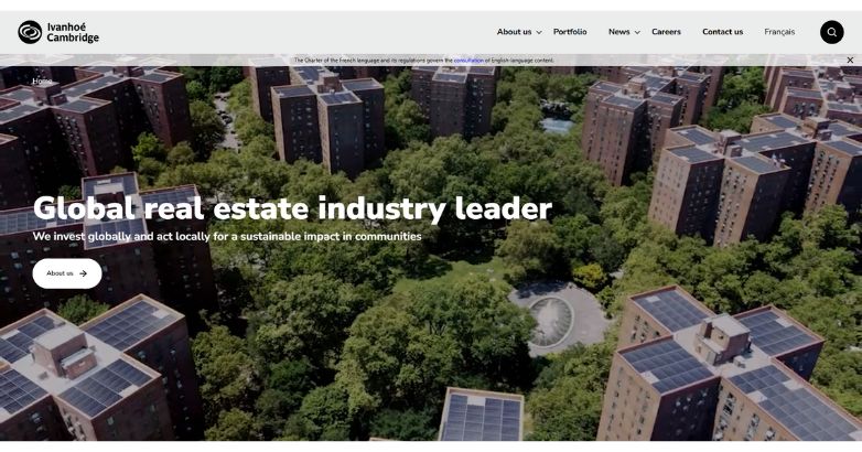 Ivanhoé Cambridge's site highlights their role as a global real estate leader with a focus on sustainability and community investment.