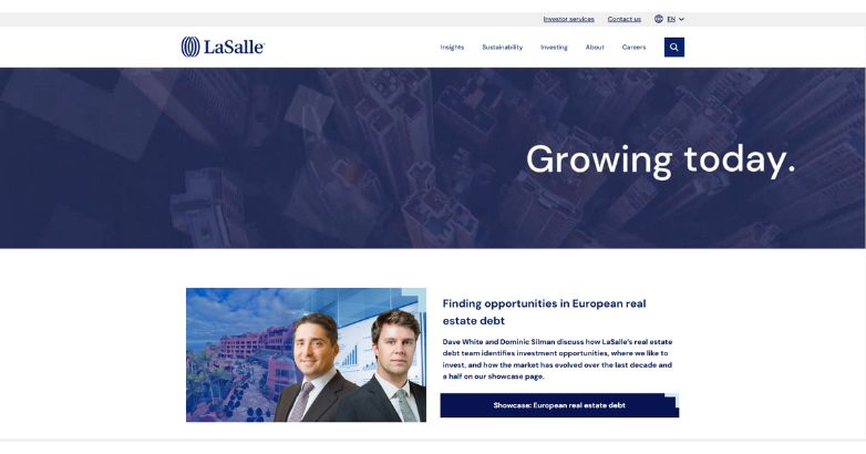 LaSalle's website showcases a minimalist design with "Growing today" tagline and an aerial view, emphasizing urban growth and sustainability.