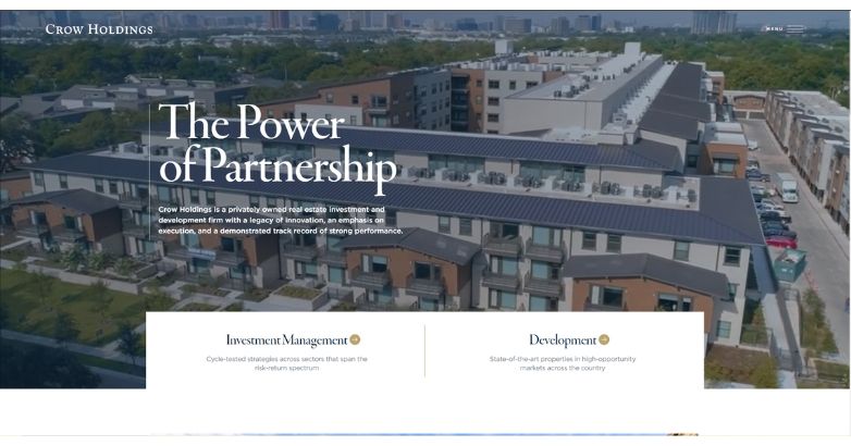 The Crow Holdings website highlighting aerial view of commercial properties with the headline "The Power of Partnership," highlighting collaboration in real estate investment.