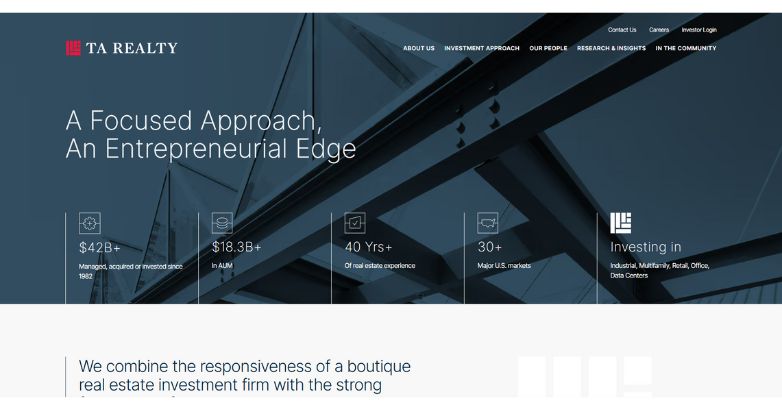 Website design for TA Realty, showcasing professionalism and key metrics in real estate investment and insights.