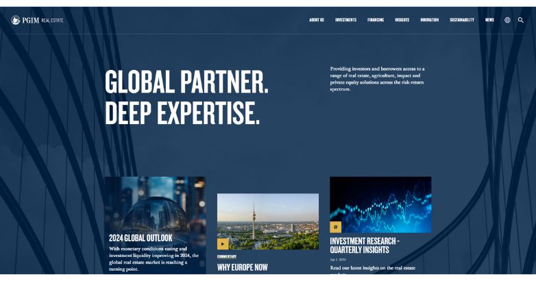 PGIM Real Estate's website highlights global expertise with bold text on a deep blue backdrop, emphasizing trust and professionalism.