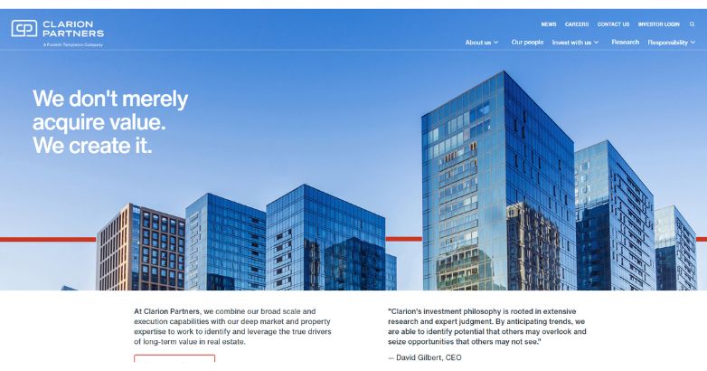 The Clarion Partners website featuring modern architecture, the minimalistic design emphasizes professionalism and innovation, aligning with their focus on value-driven real estate investment.