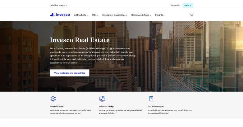 Invesco Real Estate professional website showcasing Invesco's 40 years of expertise and commitment to client service.