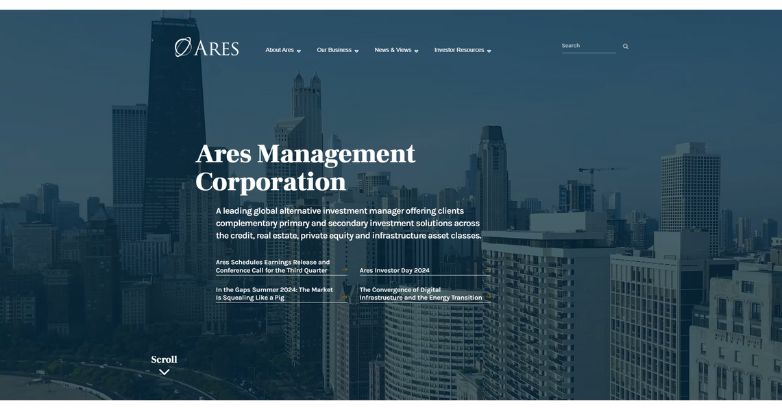The website of Ares Management features a clean layout, emphasizing its leadership in alternative investments and global market strategies.