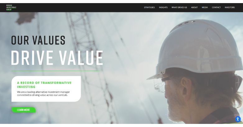 Bridge Investment Group's website features construction imagery, highlighting their commitment to transformative and responsible investments with clean and modern design.