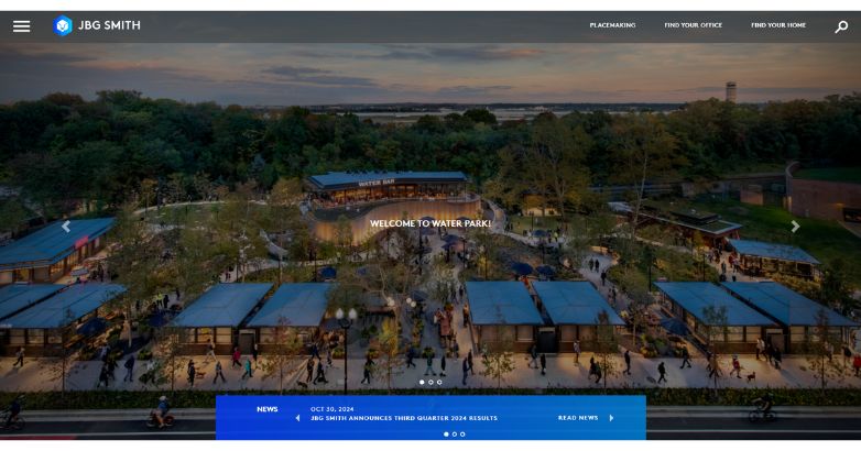 JBG SMITH's site features the new park, highlighting urban development and community engagement through vibrant visuals.
