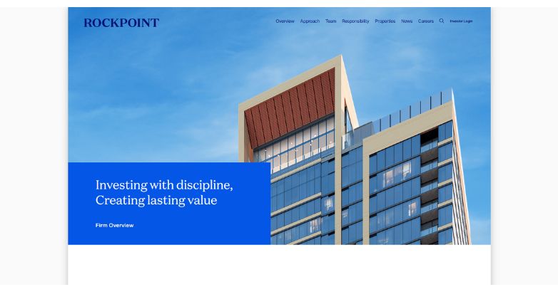 Rockpoint Group's real estate website showcases a minimalistic design with a high-rise backdrop, emphasizing stability and professionalism.