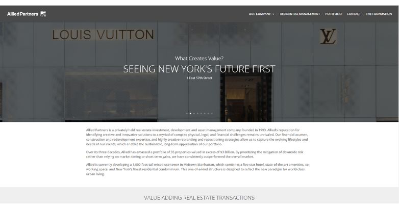 Allied Partners' website showcases a modern design, emphasizing strategic investment in New York City's real estate market.