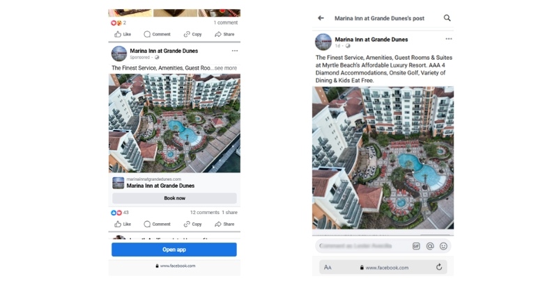 Marina Inn Facebook ads example of targeted advertising aimed at specific audiences in the hospitality industry.