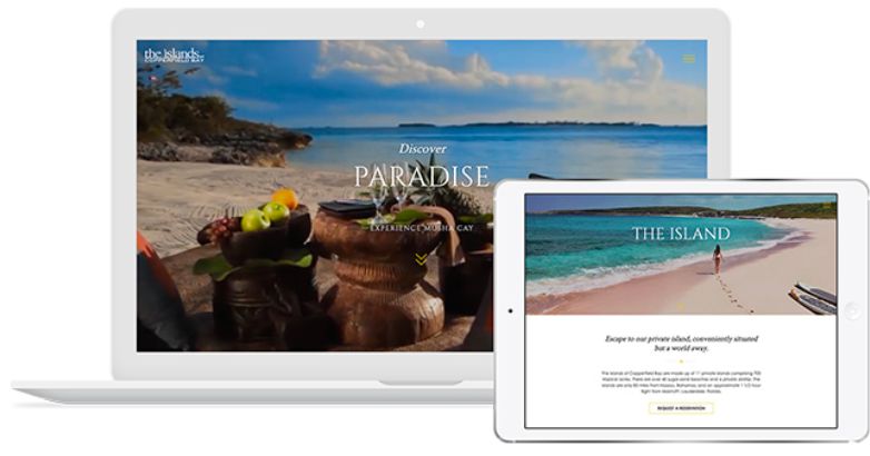 Website development design for Musha Cay island resort, showcasing an idyllic beach scene to entice visitors through strategic online presentation.