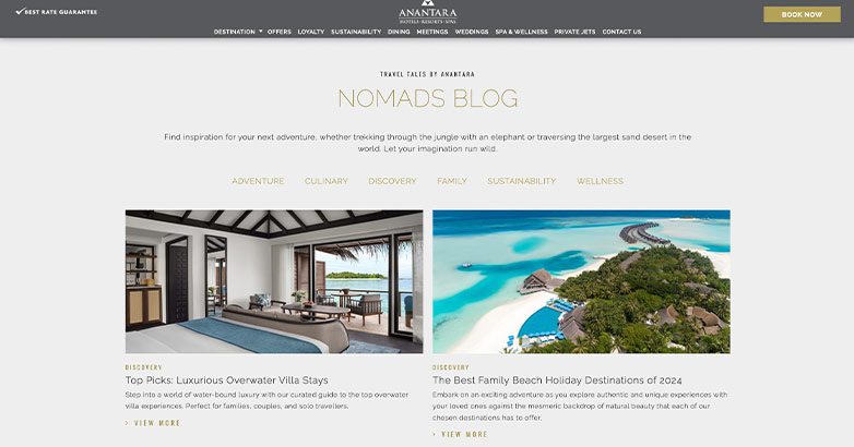 Anantara, Nomads Blog Websites with featured blog posts about their luxury villas.