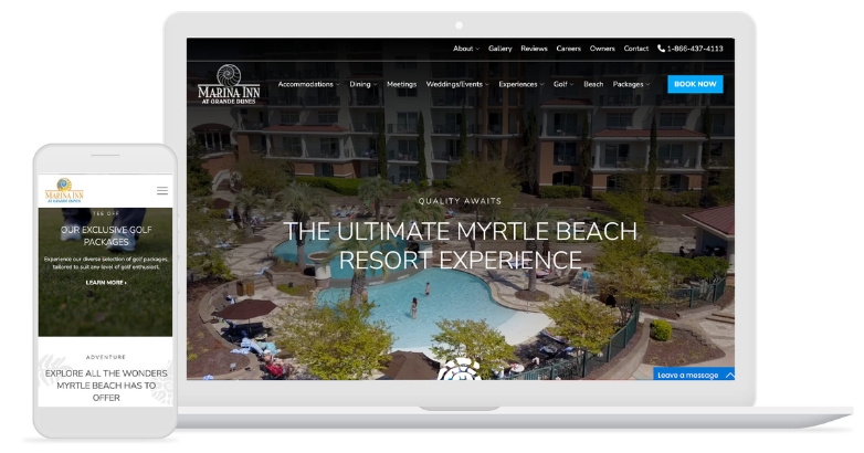 Website for Marina Inn at Grande Dunes, showcasing the ultimate beach resort experience and hotel mobile marketing.