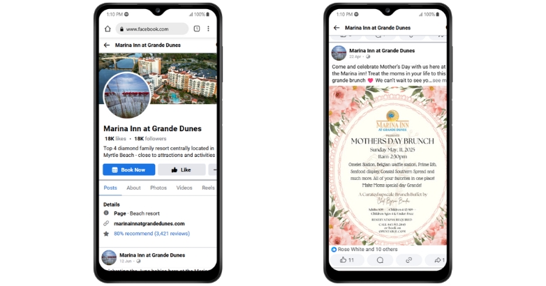 Two phones displaying Marina Inn Facebook account and post, highlighting hotel reputation management and digital marketing strategies.