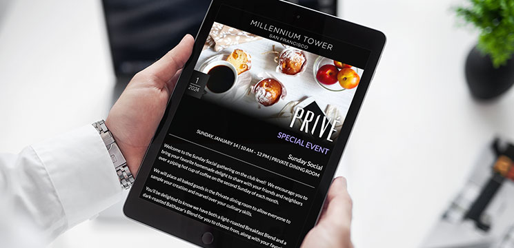 Smartphone displaying an email marketing template for hospitality business.