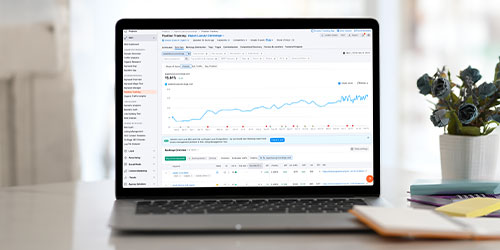 Business professional analyzing marketing data on a laptop displaying a comprehensive analytics dashboard.