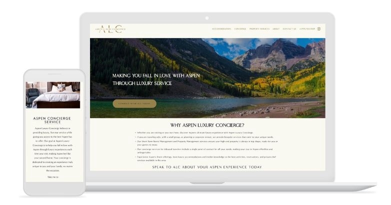Website design for Aspen Luxury Concierge displayed on a laptop, tablet, and smartphone, showcasing hotel storytelling.