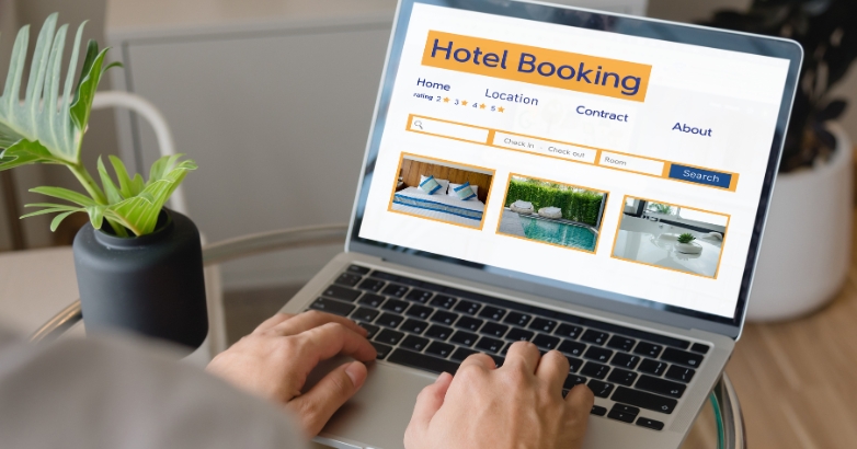 Hotel booking website displayed on a laptop, emphasizing local SEO strategies for hotel directory submissions.