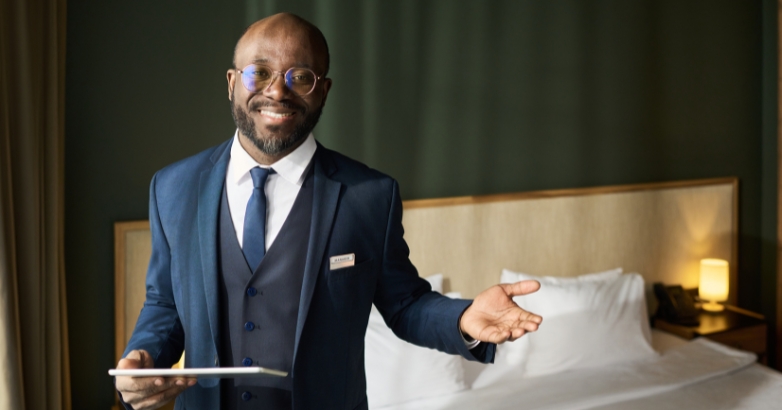 A man in a suit stands in front of a hotel bed, representing AI integration in the hospitality industry.
