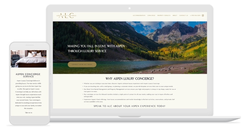Display of Aspen Luxury Concierge website design on a laptop, tablet, and smartphone, emphasizing luxury hospitality branding.