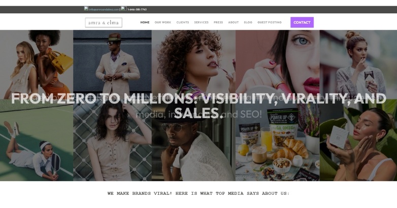 Amra & Elma website highlighting their services from zero to millions: visibility, virality, and more sales
