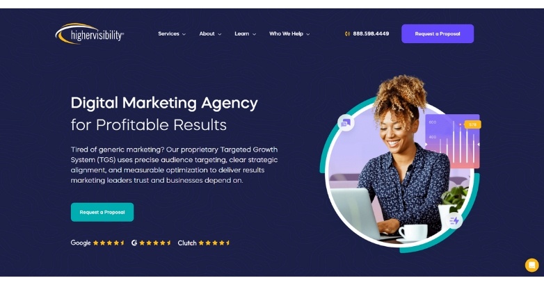 Digital marketing agency website design showcasing SEO services for hotels by HigherVisibility.