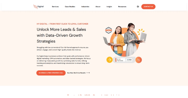 Business website landing page for Hy Digital, highlighting their expertise in SEO for hotel agencies and service offerings.
