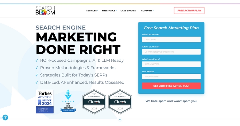 Search engine marketing page for Searchbloom, highlighting services of top SEO hotel agencies.