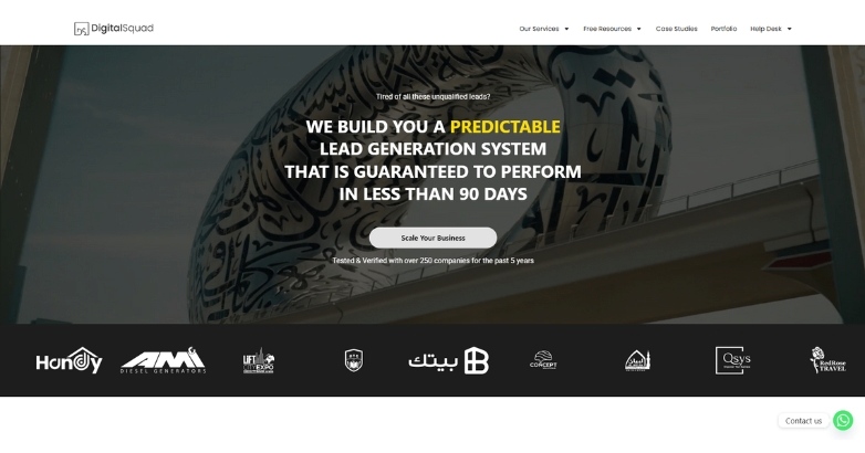 Company website featuring project highlights and services, emphasizing hotel marketing by Digital Squad.