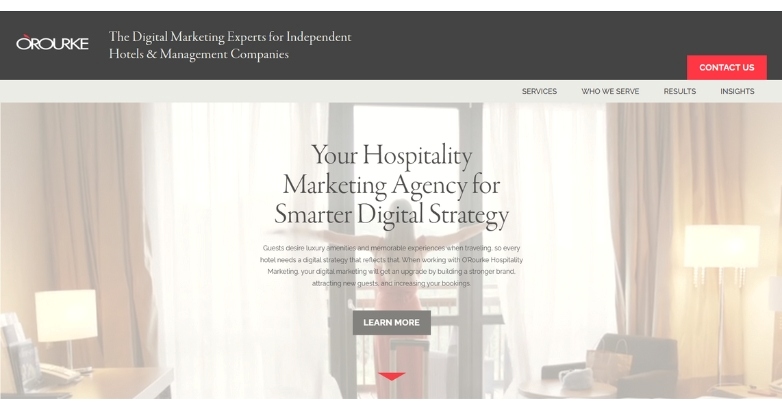 Visual representation of a hotel website design, crafted by O’Rourke, emphasizing appealing visuals and effective marketing strategies.