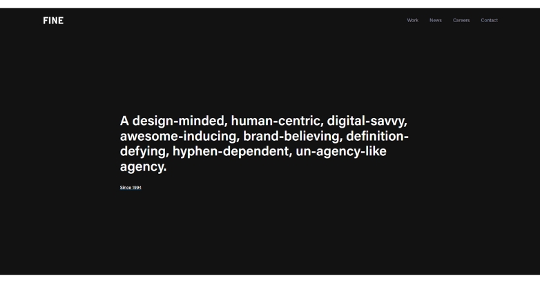 FINE's homepage showcasing a modern design with a black background for hotel website services.