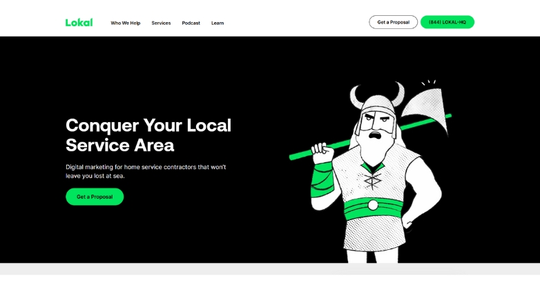 Website page showcasing hotel design services with a green and black background, labeled Conquer Your Local Service Area