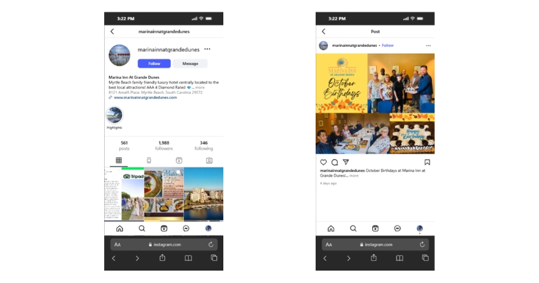 Two screens displaying Marina Inn Instagram profile and posts, showcasing the building guest loyalty through social media marketing.