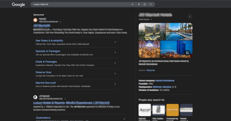 Google search results displayed on a desktop, featuring online marketing for hotels and targeted advertising campaigns.
