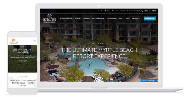 Online marketing site for Marina Inn, a hotel and resort, emphasizing hospitality features and services.