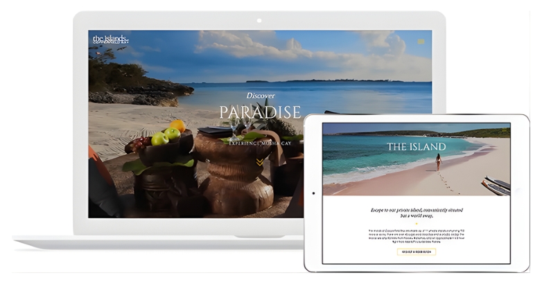 Website design showcasing the online marketing for Musha Cay hotel on a tropical island backdrop.