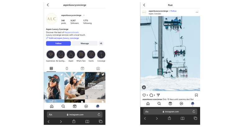 Aspen Luxury Concierge Instagram account and posts, showcasing a valuable tool for luxury travel marketing on social media.