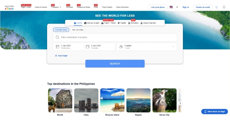 Agoda vacation rental website design highlights booking system and top destinations with clean and modern interfaces