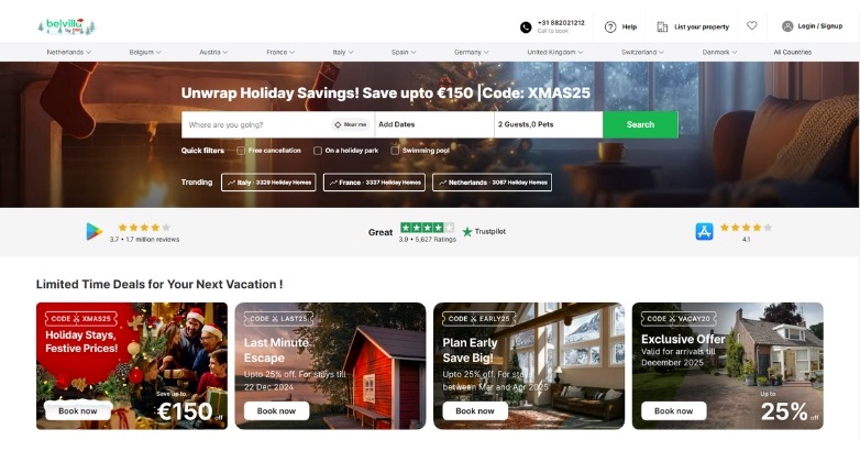 Belvilla's website captives with elegant visuals focused on ease of use.