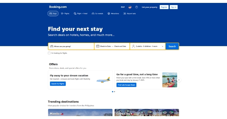 Elegant Booking.com website features bold vibrant blue interface with booking system and clean layout
