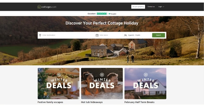Cottages website highlights search bar, bold tagline and high-quality imagery with clean and user-friendly site layout.