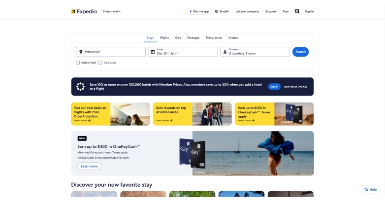 Expedia's website with multifunctional and sleek design, showcasing inviting and seamless booking experience for travelers.