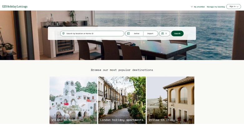 Holiday Lettings highlights prominent search bar with high-quality imagery, useful navigation and clean site layout.