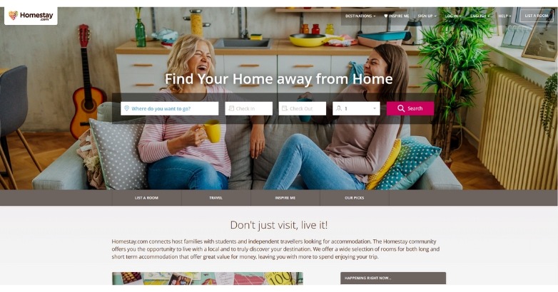 HomeStay website highlights bold tagline and search bar with easy navigation menu, high-quality imagery and modern site design.